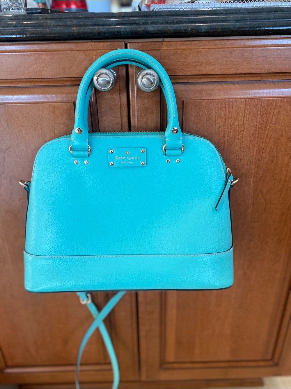 kate spade Turquoise Dome Satchel with Crossbody Strap and Gold Hardware
